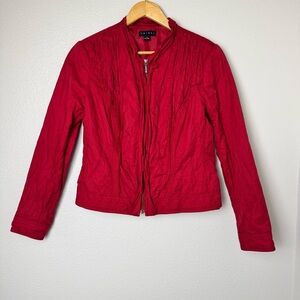 Women's Full Zip Red Jacket Ruffle Neck Business Casual Size M
